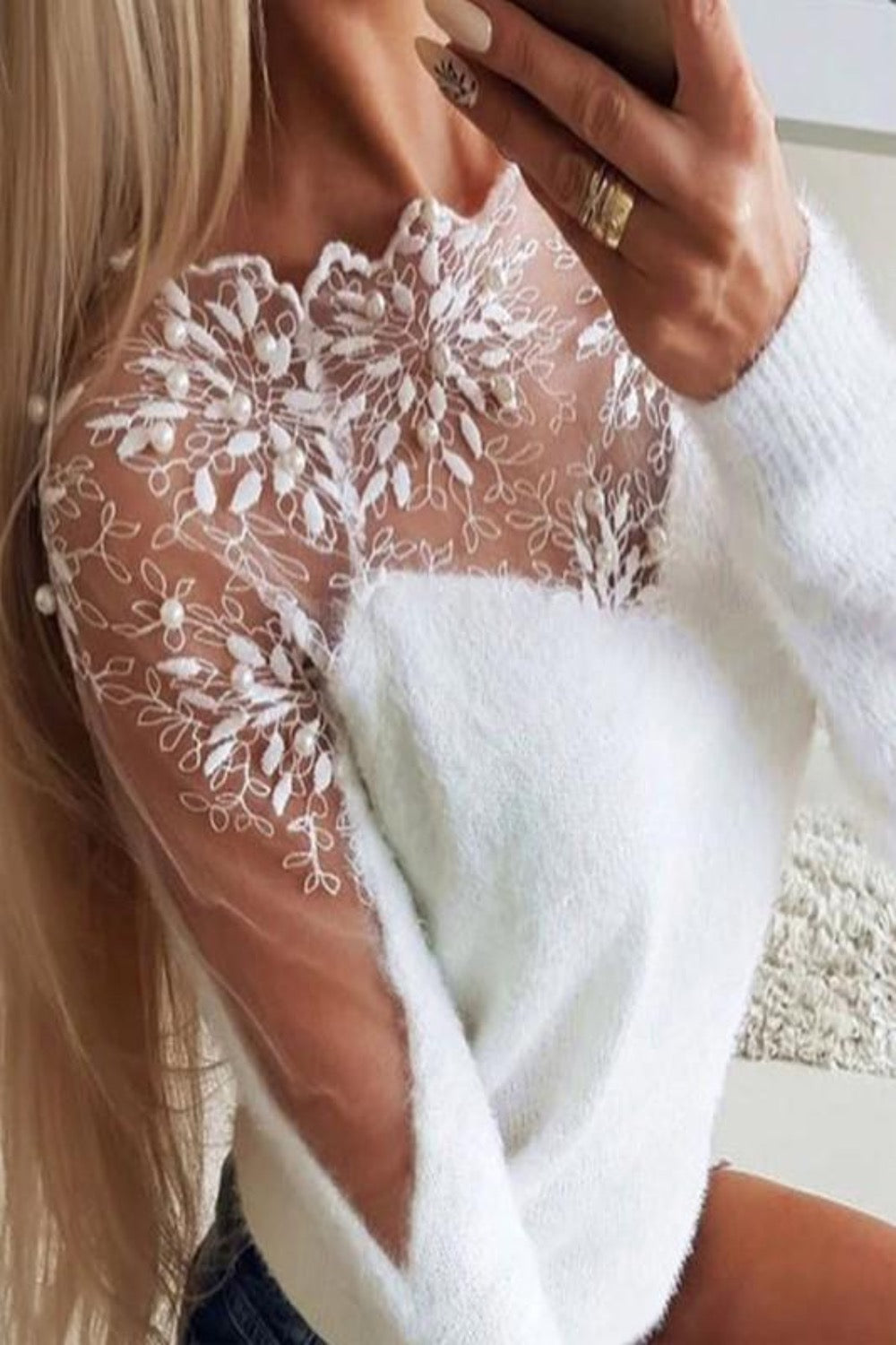 Lace Contrast Long Sleeve Knit Top